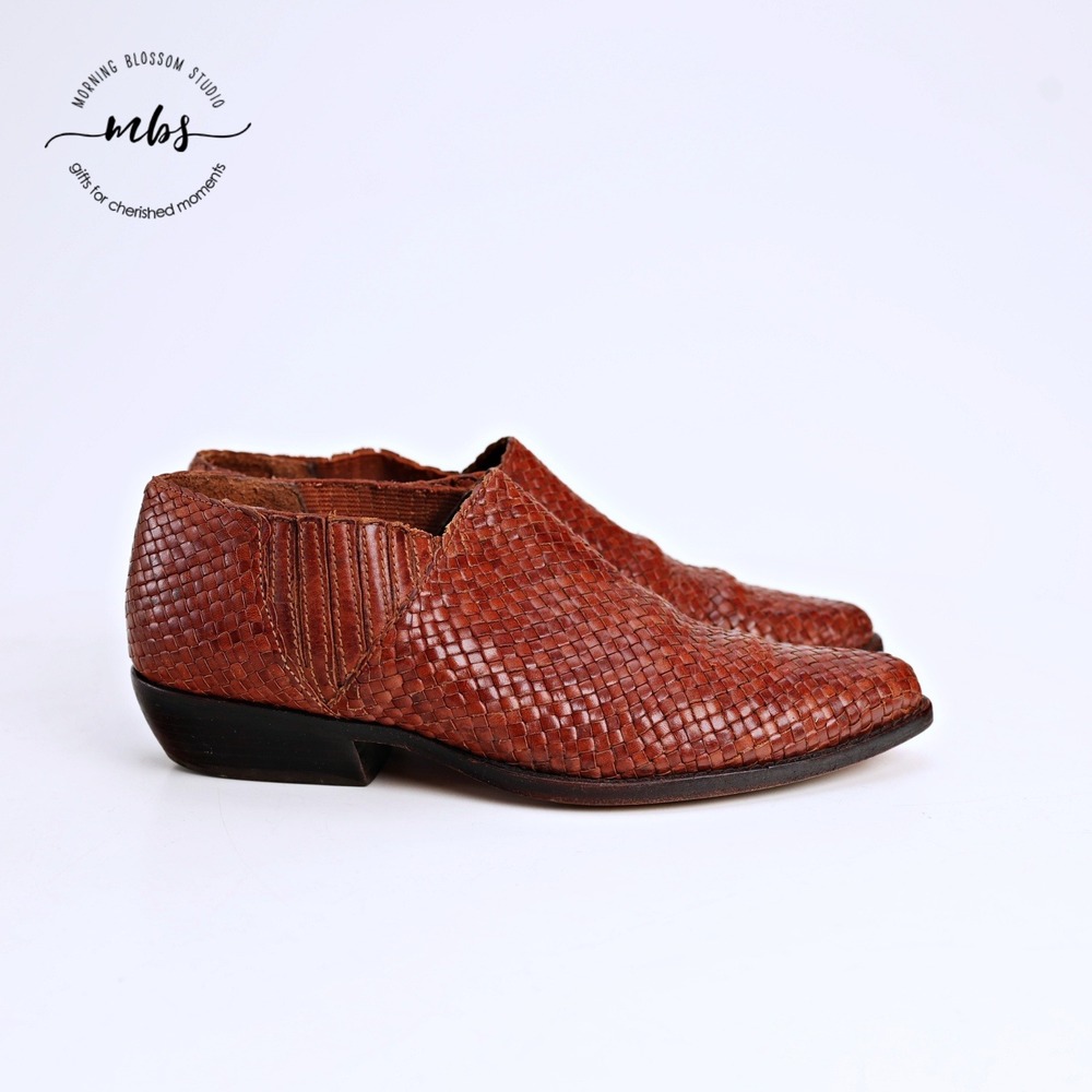 Cole Haan Woven Leather Pointed Toe Ankle‎ Booties British Tan Brown Women 6.5
